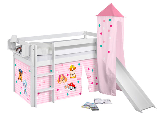 Kinder Hochbett mit Turm & Rutsche JELLE 3054 weiss mit Vorhang Paw Patrol rosa 190x90 cm